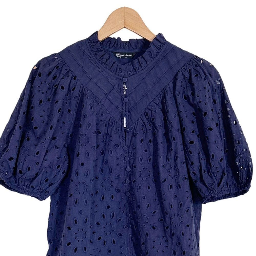 Pretty Garden Eyelet Short Lantern Puffy Sleeve  Blouse Navy Blue - Picture 4 of 7